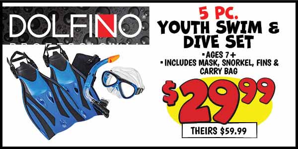 5 pc. dolfino youth swim and dive set: Our Price: $29.99, theirs: $59.99