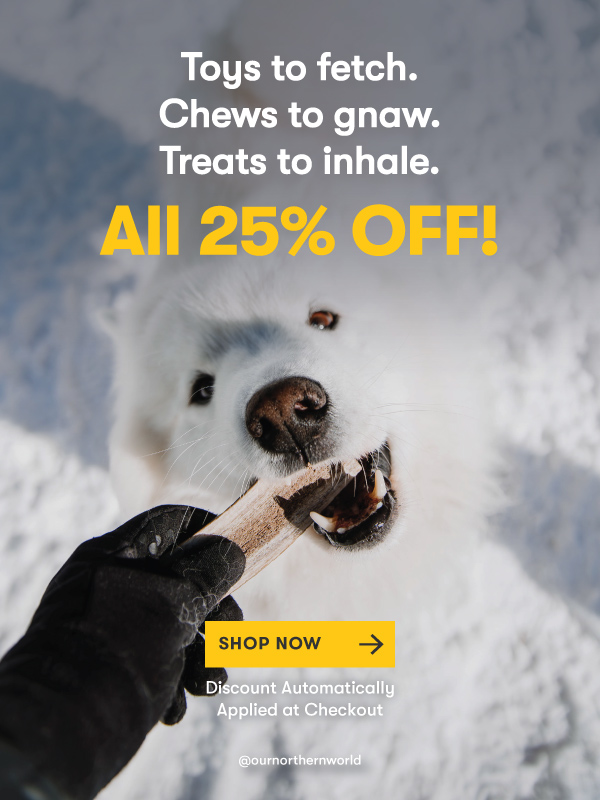 25% OFF Bones, Treats, Chews, & Toys!