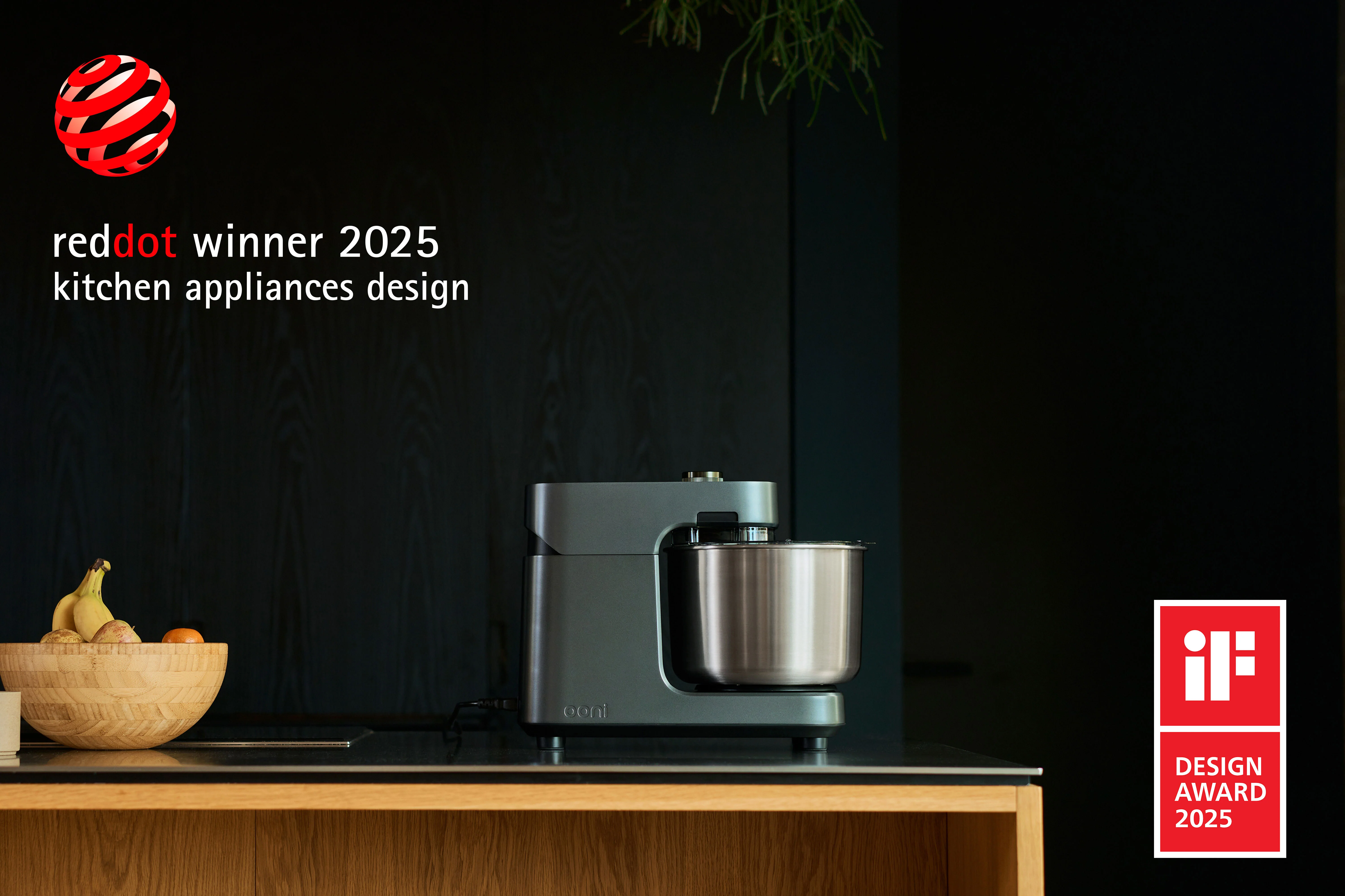 The grey Ooni Halo Pro Sprial Mixer on a kitchen worktop.