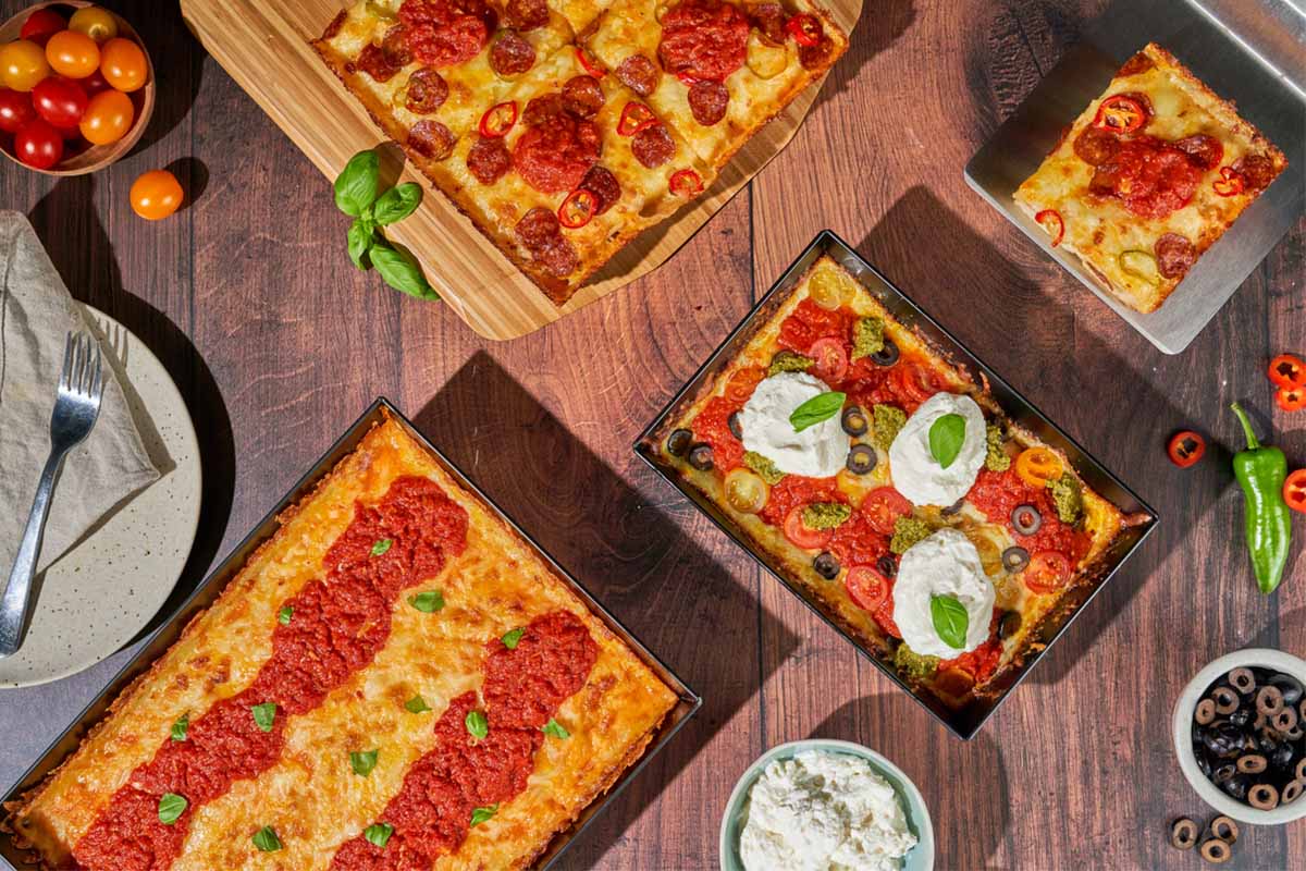 Cooked Detroit Pizzas in our large and medium sized pans.