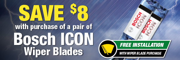 Save $8 with purchase of a pair of Bosch ICON Wiper Blades. Free Installation with wiper blade purchase.