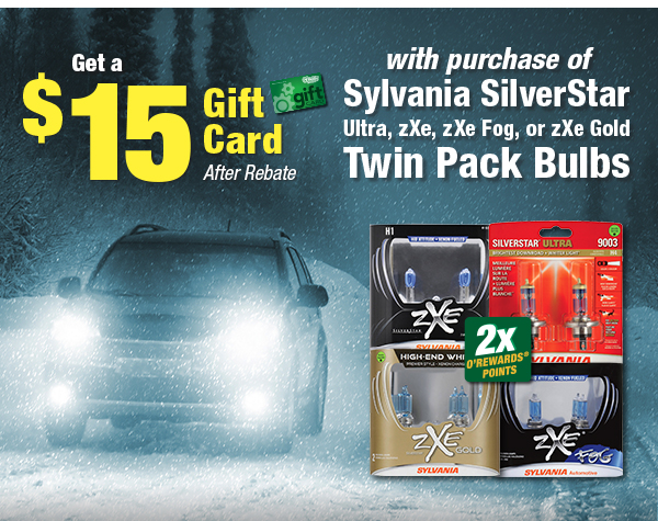 Get a $15 Gift Card After Rebate and 2x O'Rewards Points with purchase of Sylvania SilverStar Ultra, zXe, zXe Fog, or zXe Gold Twin Pack Bulbs