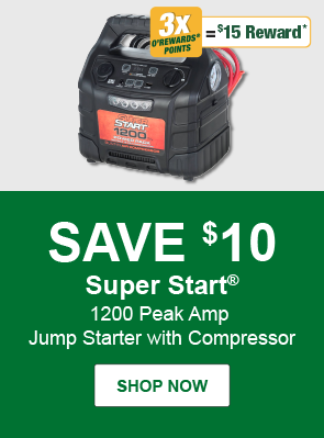 SAVE $10: Super Start® 1200 Peak Amp Jump Starter with Compressor, SS 51200, 3x O'Rewards Points = $15 Reward. SHOP NOW