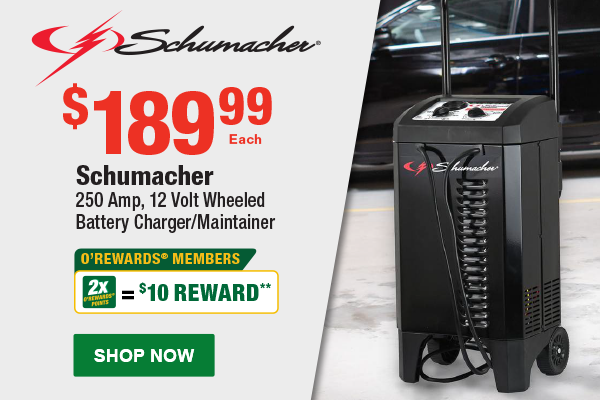 Schumacher 12 Volt 250 Amp Wheeled Battery Charger & Maintainer, SHU SC1445, $189.99 Each, 2x O’Rewards Points = $10 Reward** SHOP NOW
