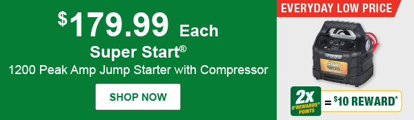 Super Start® 1200 Peak Amp Jump Starter with Compressor, SS 51200, Everyday Low Price $179.99 Each, 2x O’Rewards Points = $10 Reward*