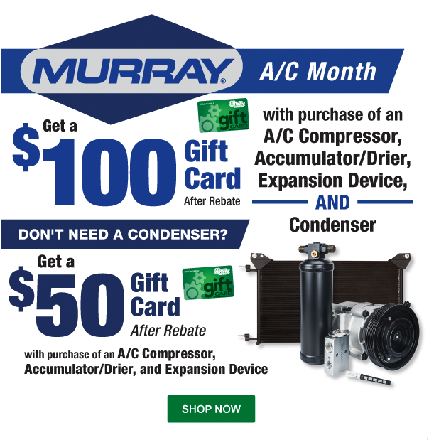 Get $100 gifr card after rebate with purchase of an A/C Compressor, Accumulator/Drier, Expansion Device and condenser. Don't need an condenser? Get a $50 gift card after rebate with purchase of an A/C compressor, accumulator/dier, and exspansion device.