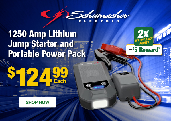 Schumacher 1250 Amp Lithium Jump Starter and Portable Power Pack, SHU SL1673, $124.99 Each, 2x O’Rewards Points = $5 Reward* –&nbsp;SHOP NOW