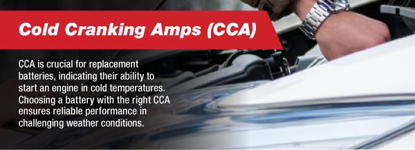 Cold Cranking Amps (CCA), CCA is crucial for replacement batteries, indicating their ability to start an engine in cold temperatures.  Choosing a battery with the right CCA ensures reliable performance in challenging weather conditions.