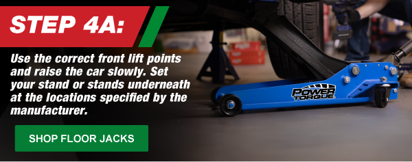 Step 4A, Use the correct front lift points and raise the car slowly. Set your stand or stands underneath at the locations specified by the manufacturer.