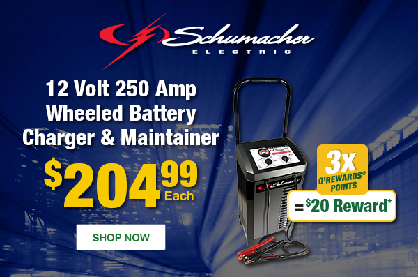 Schumacher 12 Volt 250 Amp Wheeled Battery Charger & Maintainer, SHU SC1445, $204.99 Each, 3x O’Rewards Points = $20 Reward –&nbsp;SHOP NOW