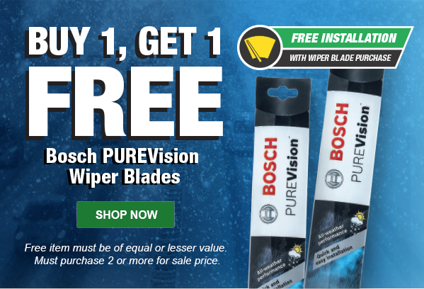 Buy 1 Get 1 FREE Bosch PUREVision Wiper Blades. Free item must be of equal or lesser value. Must purchase 2 or more for sale price. SHOP NOW