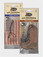 2 for $8 Justin 2-Pk. Hanging Air Freshener, JUS 22FRESH001NT New Truck, JUS 22FRESH003TR Thunder Road, JUS 25FRESH009CF Campfire, JUS 22FRESH002NB New Boots