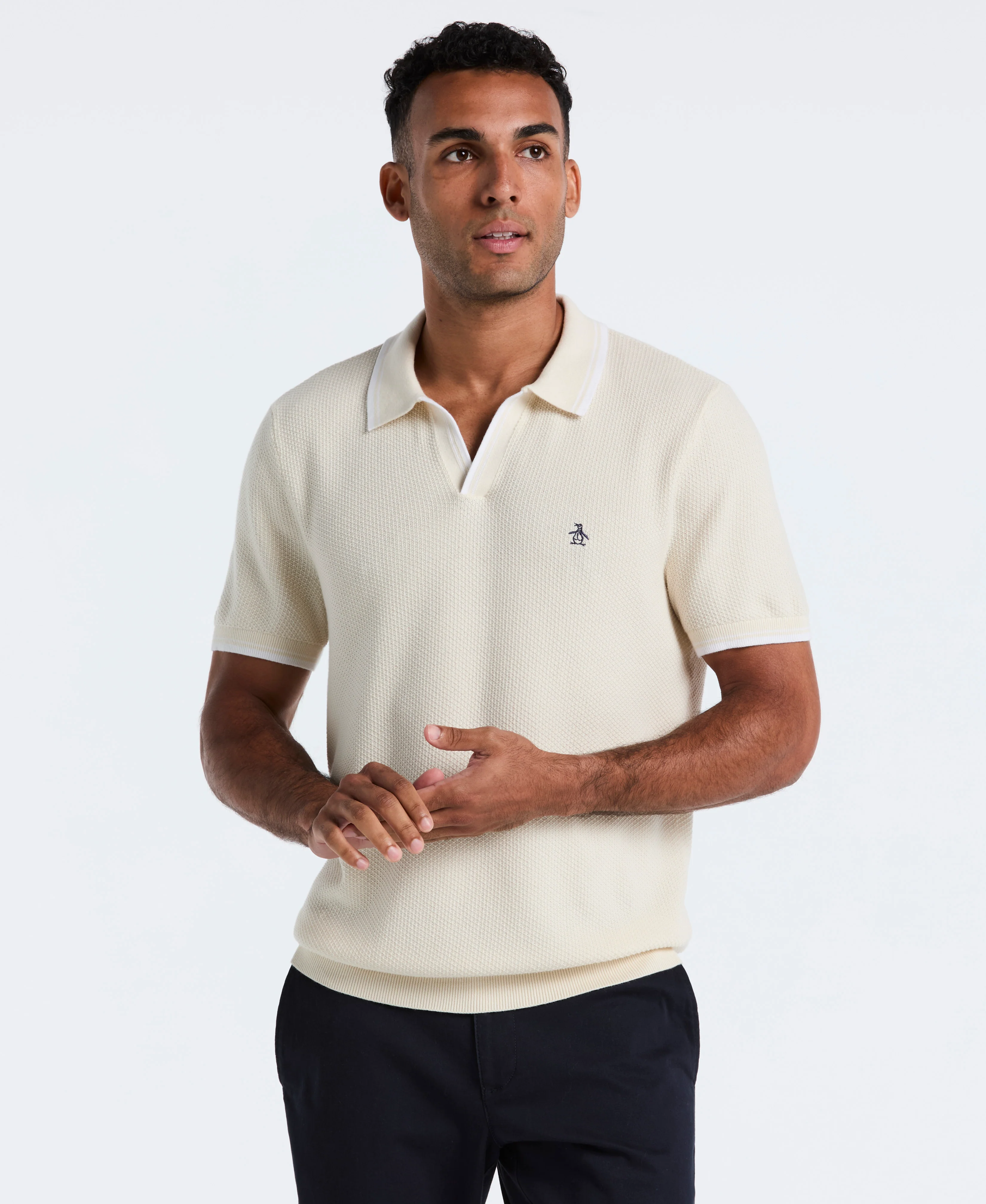 Image of Textured Johnny Collar Sweater Polo