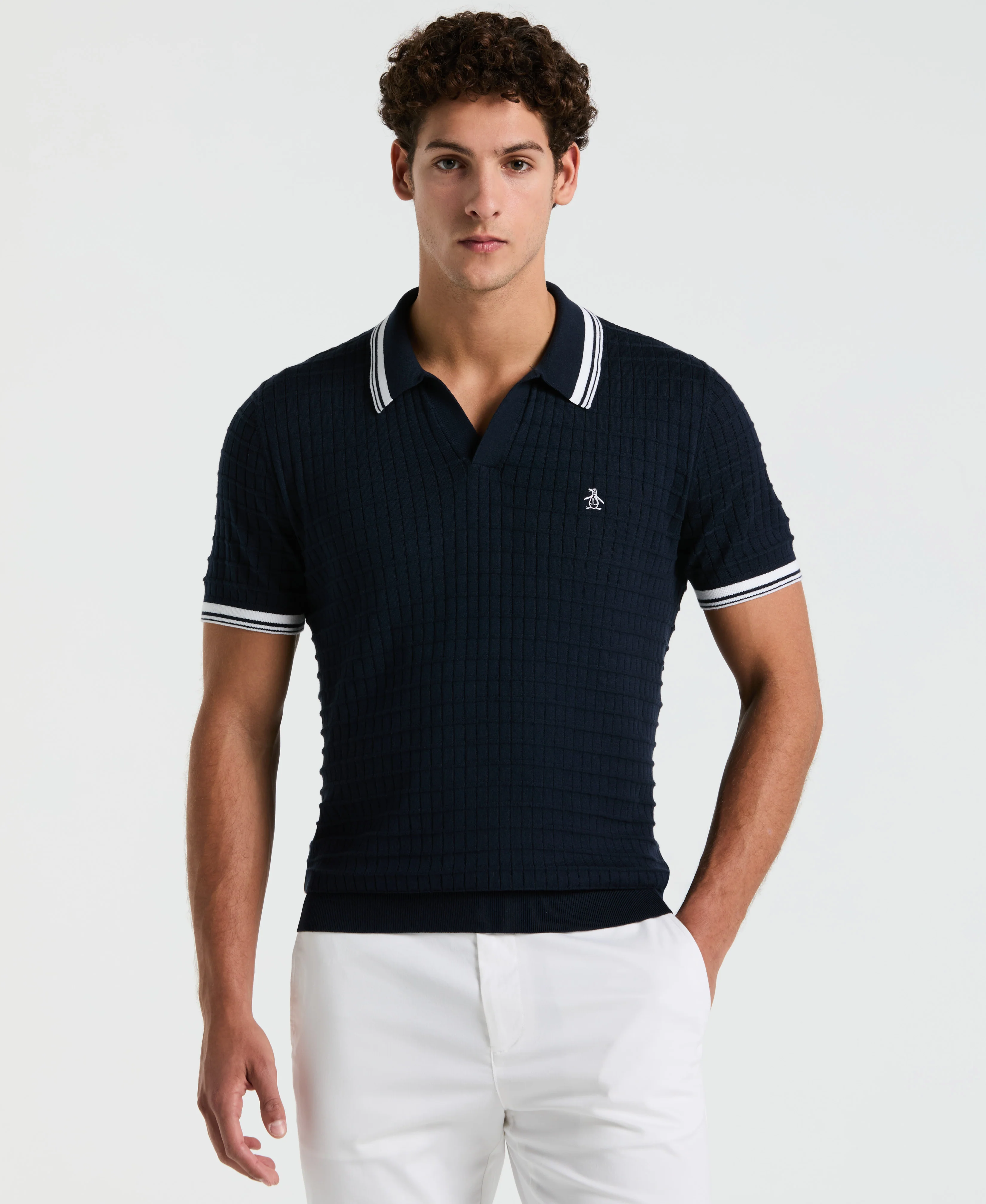Image of Grid Knit Johnny Collar Sweater Polo