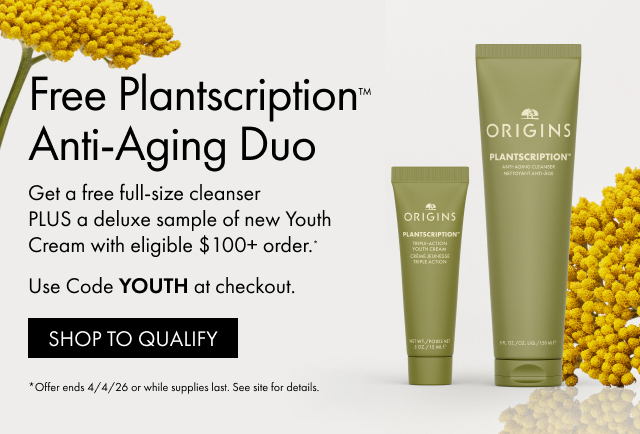 Free Plantscription™ Anti-Aging Duo | Get a free full-size cleanser PLUS a deluxe sample of new Youth Cream with eligible $100+ order. | Use Code YOUTH at checkout. | SHOP TO QUALIFY | *Offer ends 4/4/26 or while supplies last. See site for details.