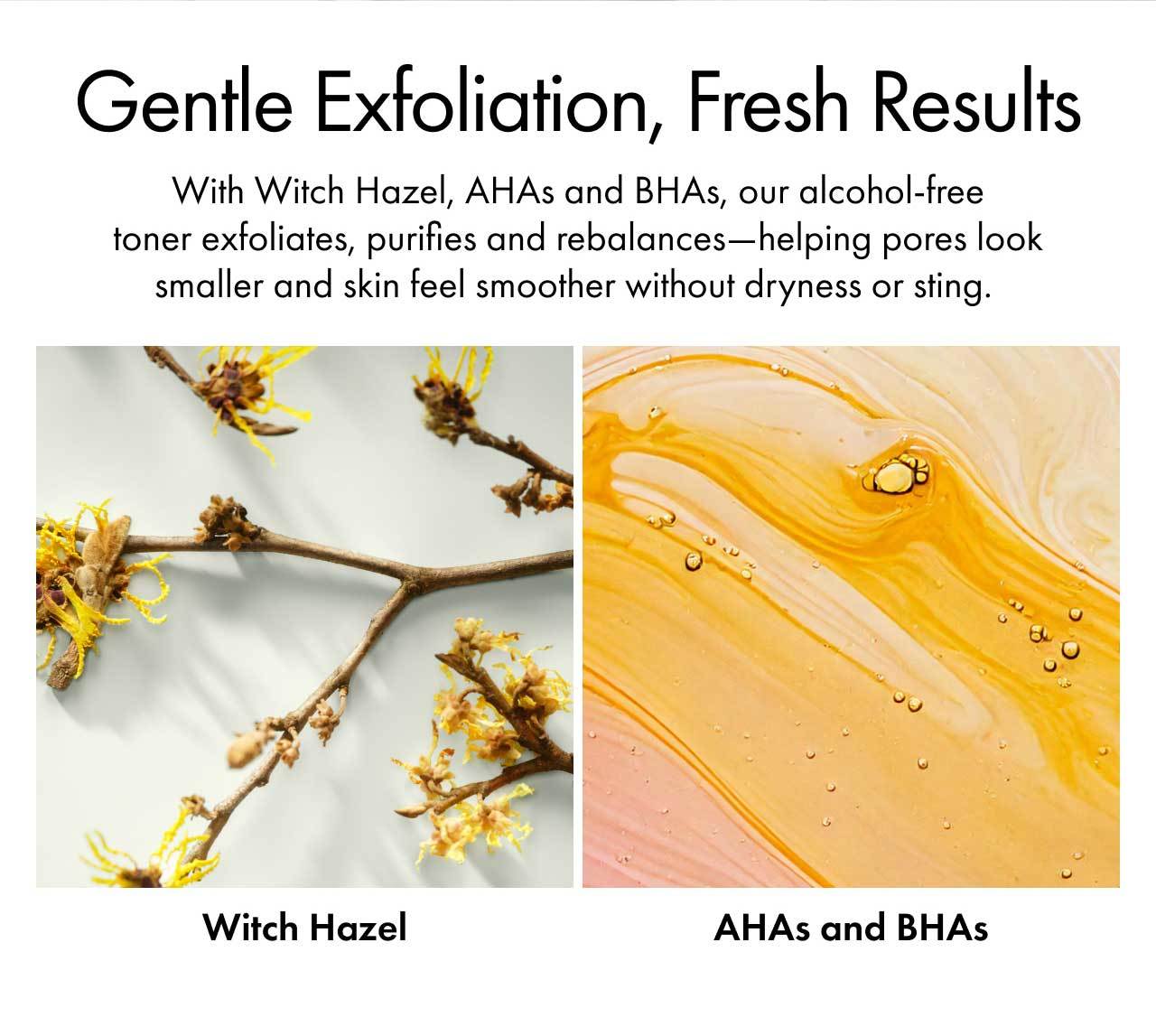 Gentle Exfoliation, Fresh Results | With Witch Hazel, AHAs and BHAs, our alcohol-free toner exfoliates, purifies and rebalances—helping pores look smaller and skin feel smoother without dryness or sting. | Witch Hazel | AHAs and BHAs