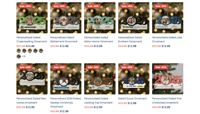 Custom printed 2025 ornaments including cheerleading, retirement, new home, and first Christmas designs — all 50% off.