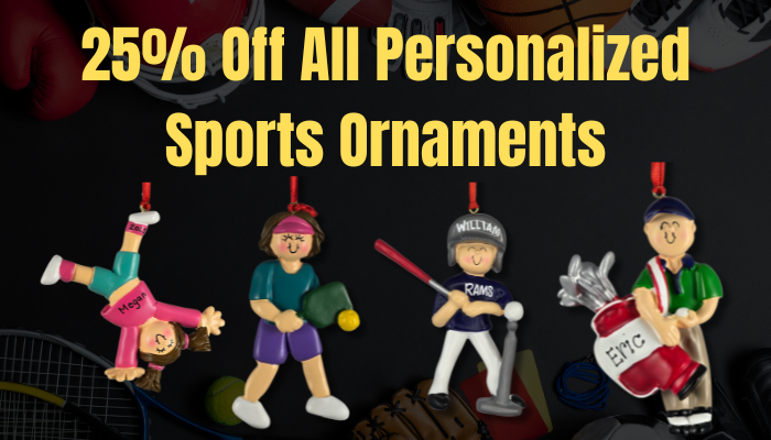 Last Call banner with 25% Off Personalized Sports Ornaments and four illustrated ornaments: cheerleader, football player, lacrosse star, and tennis player on an orange background.