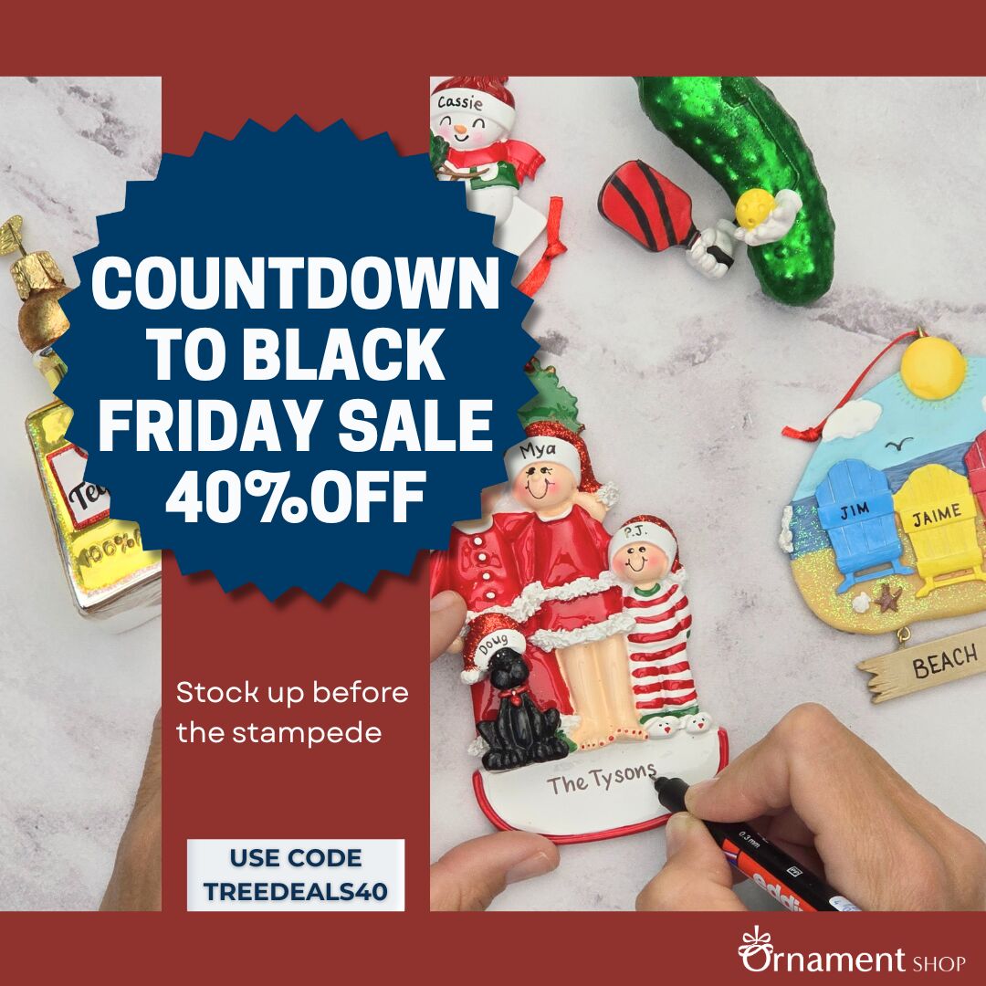 The more you shop, the more you save. Four personalized ornaments: craft table, wedding cake, dance bag, and gymnast — shown with evergreen trim and Ornament Shop logo.