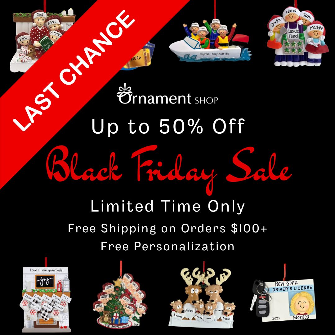 Last chance! Up to 50% off personalized ornaments. Free personalization + free shipping on $100+ orders. Sale ends soon—countdown timer shown with ornament designs.