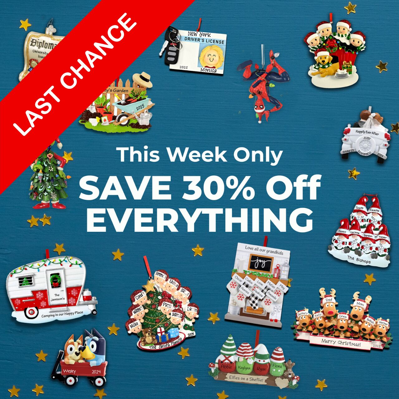 Promotional graphic showing 60% off printed ornaments and 15% off orders of $50 or more at OrnamentShop.com. Includes two custom ornament examples against a festive background.