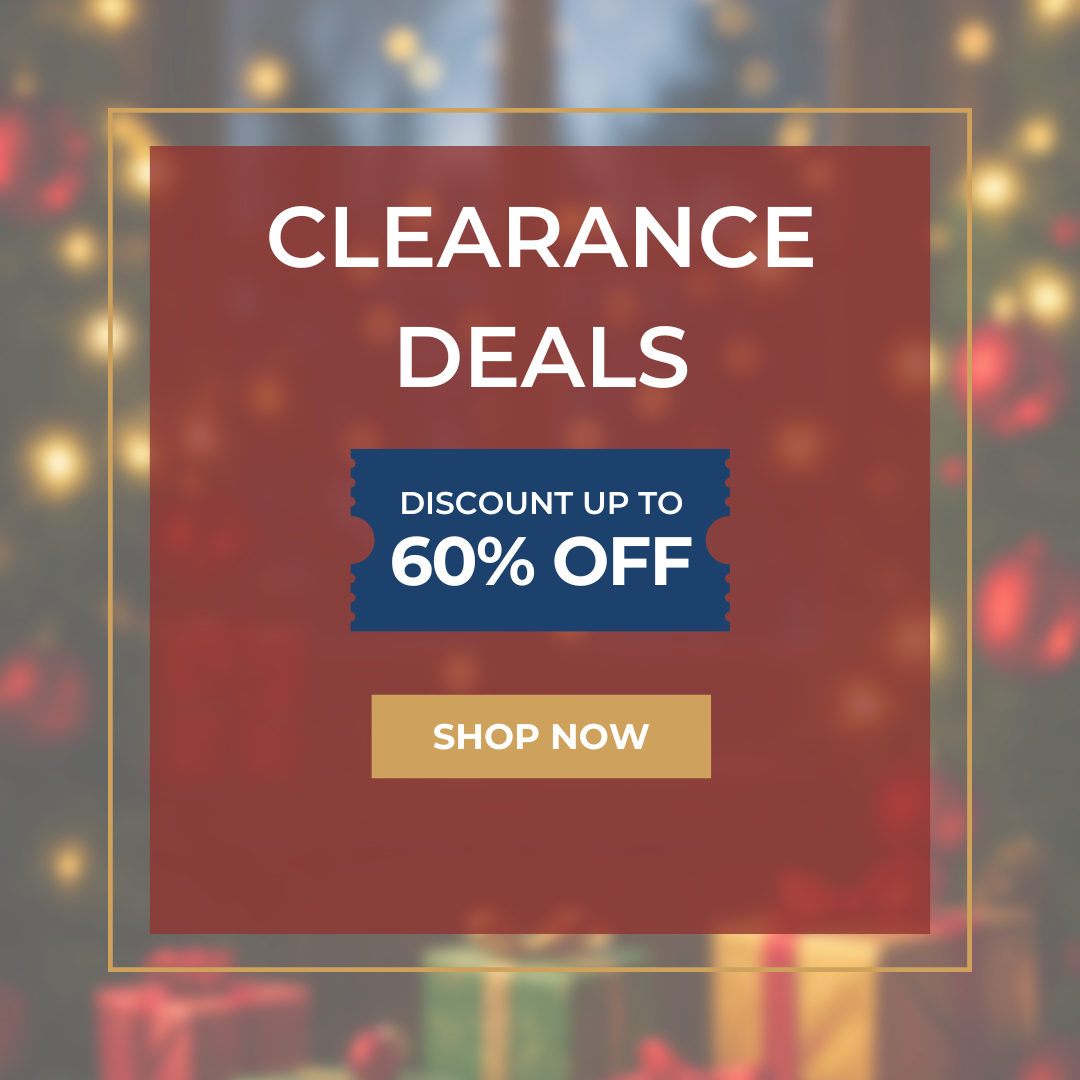 Holiday-themed graphic with text: Clearance Deals. Discount up to 60% Off. Shop Now button centered on a blurred background of lights and wrapped gifts.