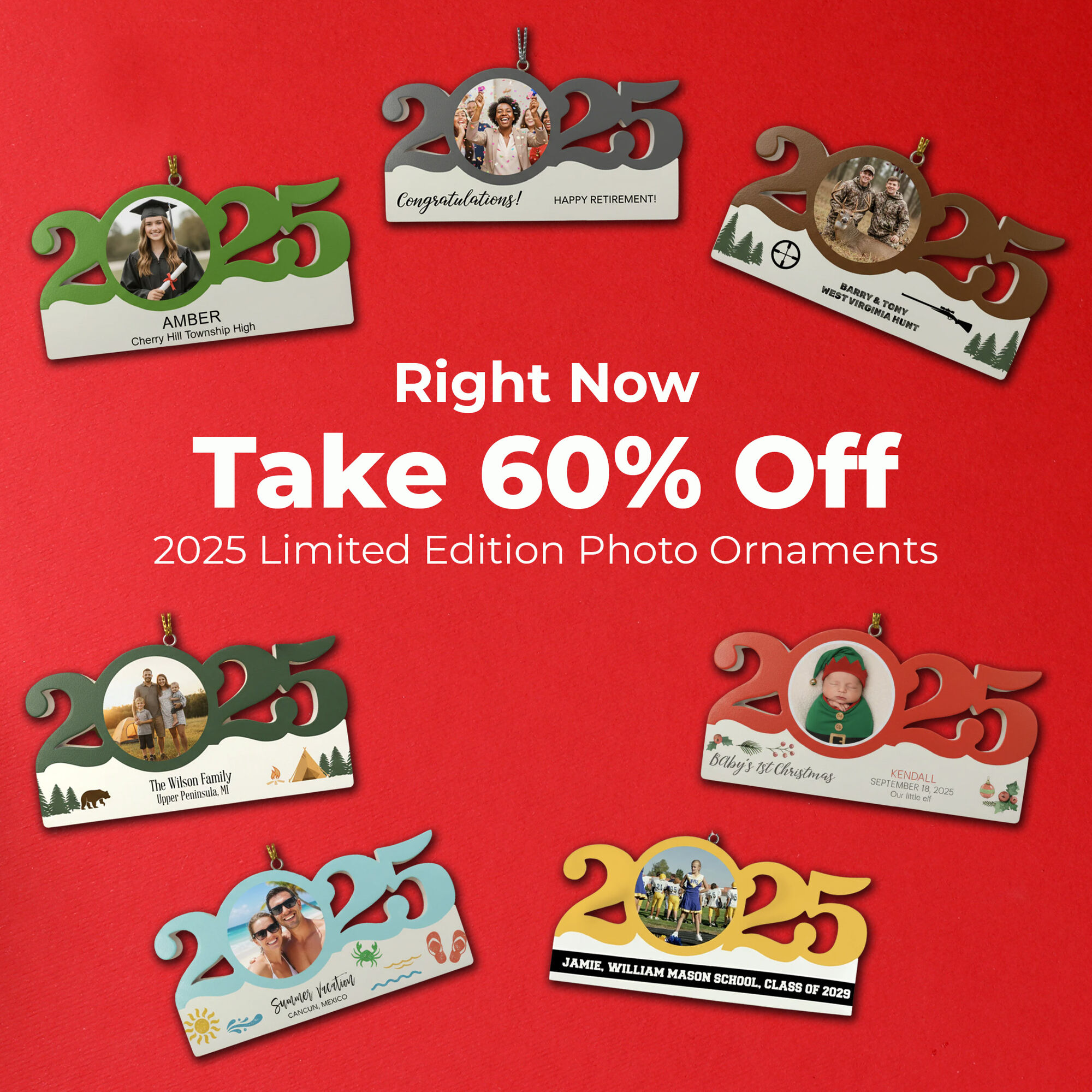 60% off 2025 personalized ornaments and 40% off sitewide, with sports and engagement ornament examples on festive red holiday background.