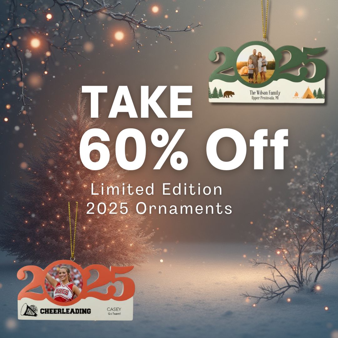 60% off 2025 personalized ornaments and 40% off sitewide, with sports and engagement ornament examples on festive red holiday background.