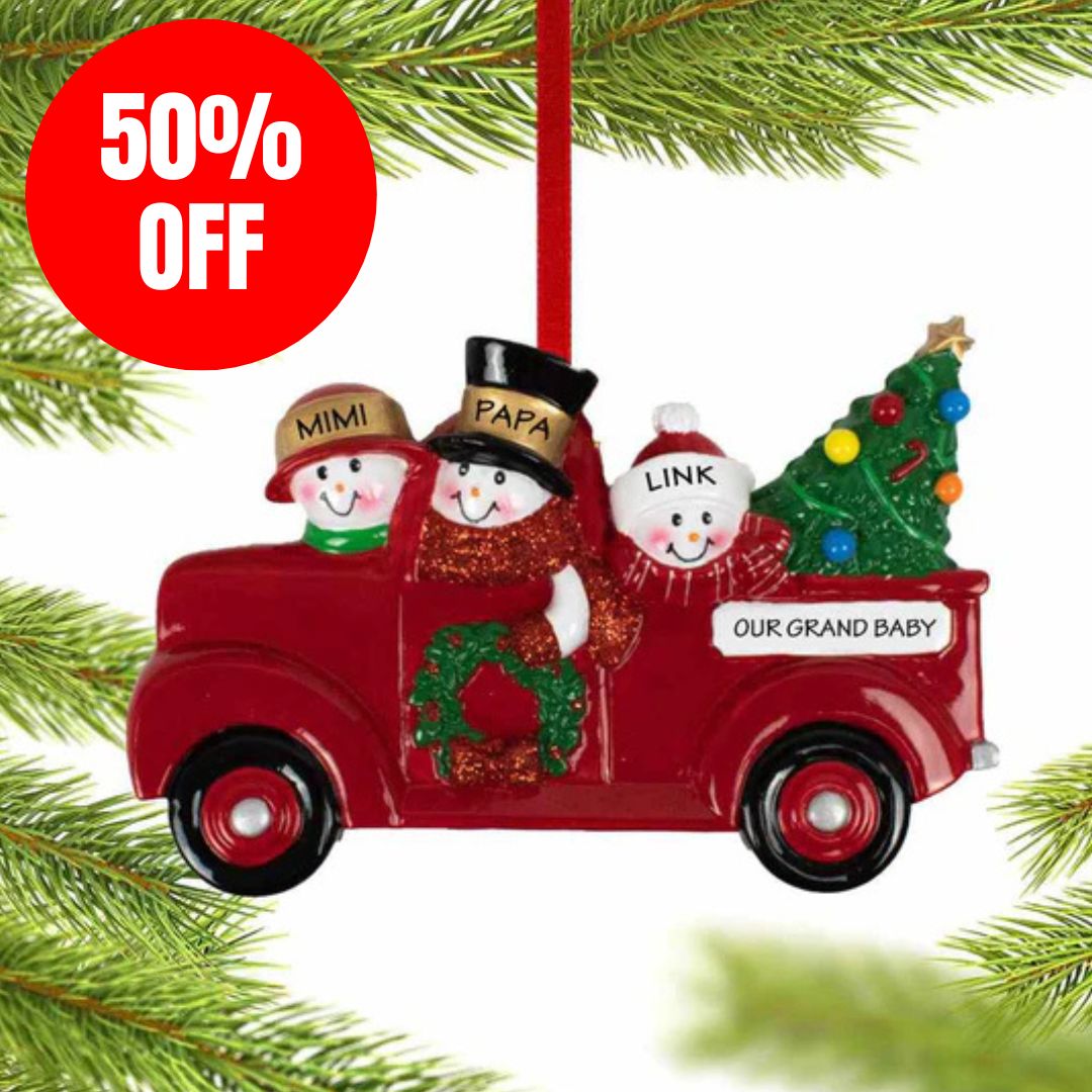 50% off 2025 personalized ornaments and 40% off sitewide, with sports and engagement ornament examples on festive red holiday background.