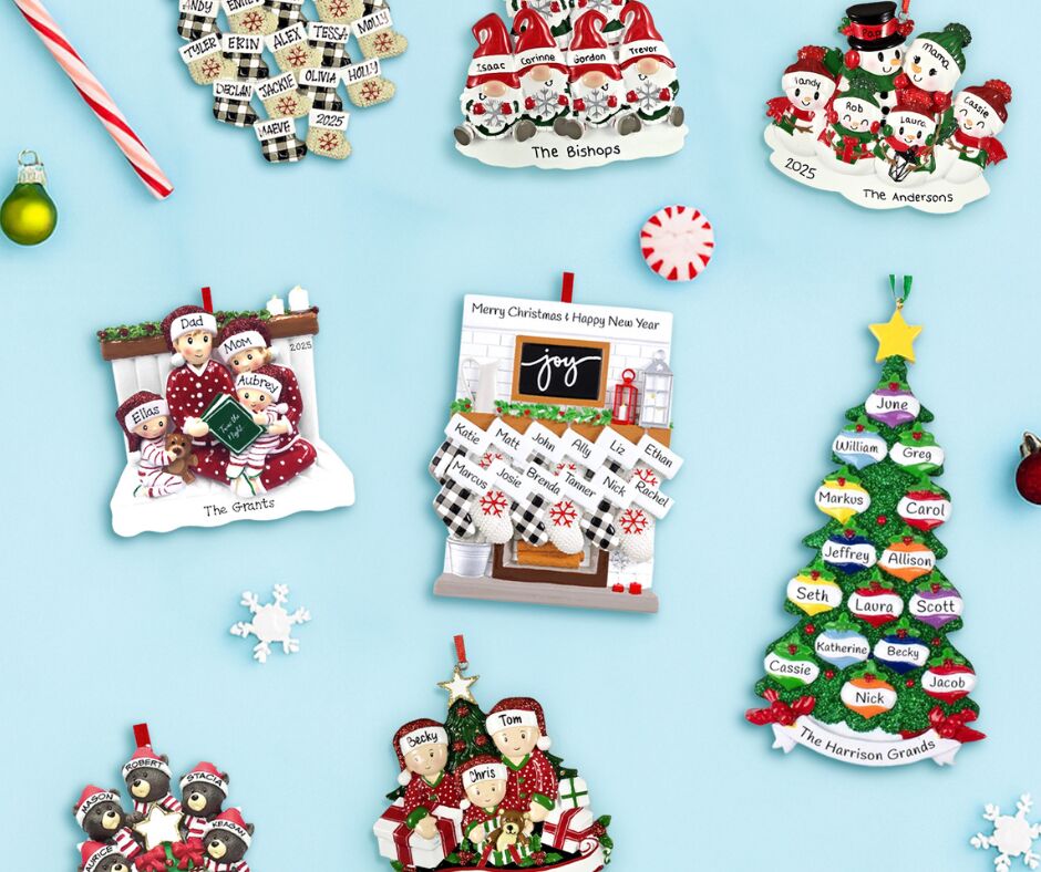 Assorted personalized family Christmas ornaments on a blue background, including trees, stockings, gnomes, and snowmen with names and dates.