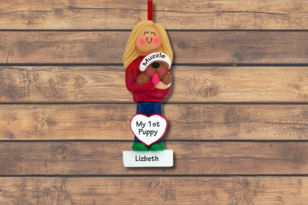 Girl hugging a brown puppy with names “Lizbeth” and “Muzzle,” holding a heart that says “My 1st Puppy”—a personalized pet lover ornament.