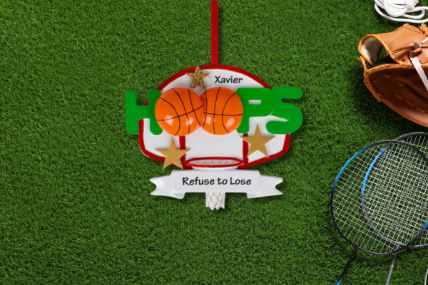 Basketball ornament with bold “HOOPS” lettering, stars, a backboard, and text fields for name and message—ideal for young athletes and MVPs.