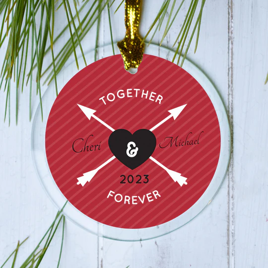 Personalized "Together Forever" ornament with arrows and a heart featuring two names and a date.