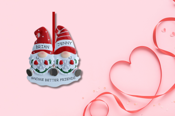 Two smiling gnome friends side by side with personalized names on red hats and “Gnome Better Friends” caption — a fun keepsake for close friendships.