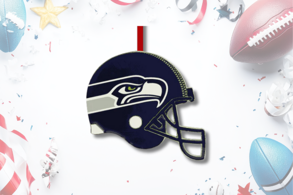 Football helmet ornament styled after the Seattle Seahawks logo — a spirited keepsake for fans celebrating the big Super Bowl game.