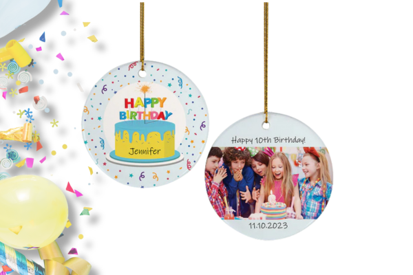 Double-sided birthday ornament with personalized cake design and photo option.