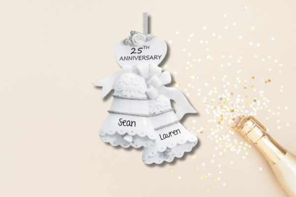 Elegant white 25th anniversary ornament with silver glitter and custom couple names.