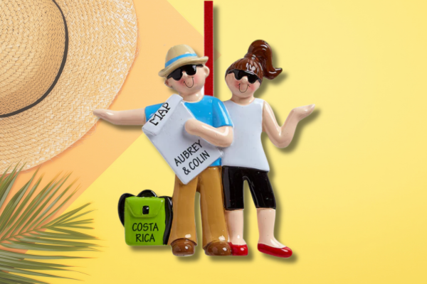 Personalized travel ornament featuring couple with suitcase, destination name, and spring break vacation theme.