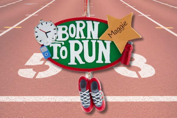 Personalized “Born to Run” track ornament with running shoes, stopwatch, and athlete name.