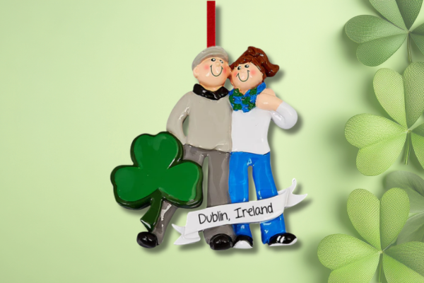 Personalized St. Patrick’s Day ornament featuring couple with shamrock and custom location text.