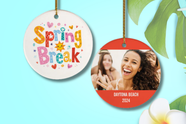 Double-sided Spring Break ornament with colorful design on one side and custom beach photo with location and year on the other.