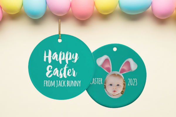 Personalized Easter ornament with bunny ears photo frame and custom name and year.