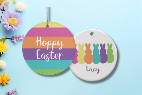 Personalized Easter ornament with pastel stripes and bunny silhouettes, featuring custom name on back.