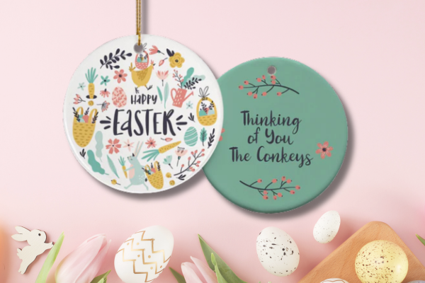 Personalized Easter ornament with spring florals and custom name on back.