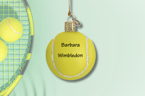 Personalized tennis ball ornament with player name printed on bright yellow tennis ball design.