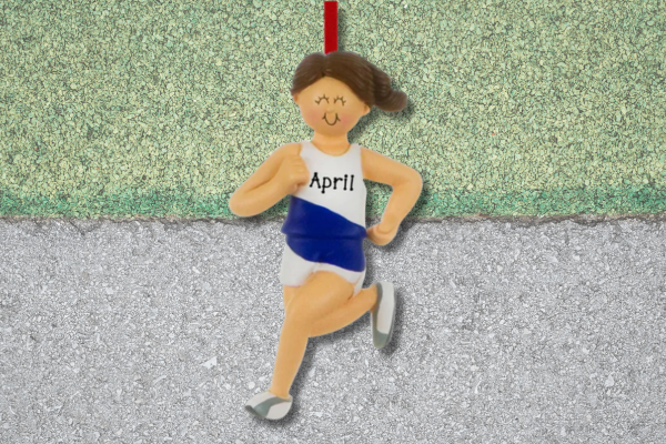 Personalized track runner ornament featuring athlete running with name on jersey.