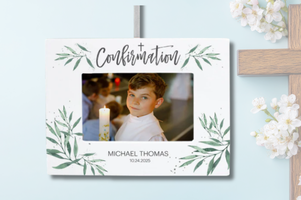 Personalized confirmation photo ornament with name, date, and religious design.