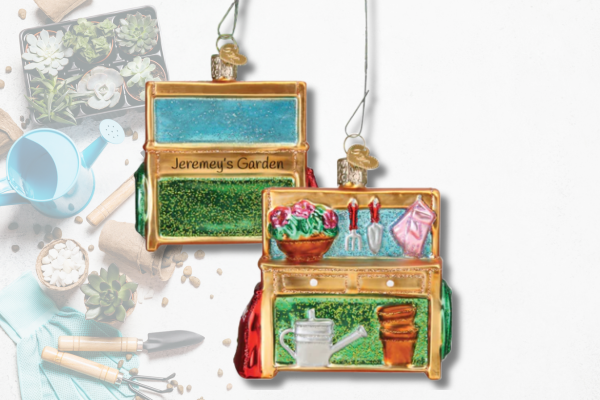 Personalized gardening ornament with tools, plants, and custom name on garden bench design.