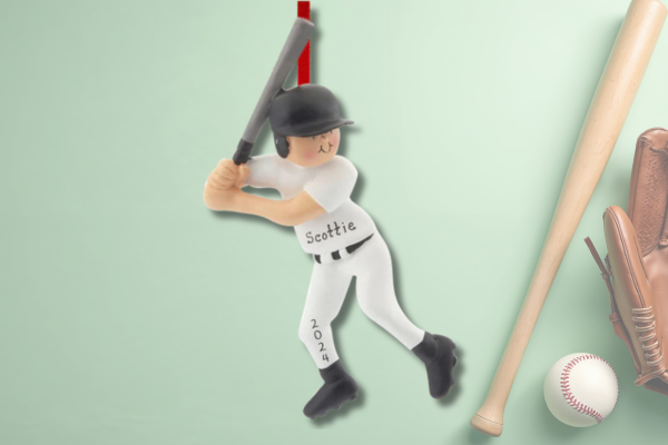 Personalized baseball player ornament holding bat with custom name and year.