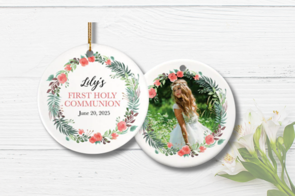 Personalized First Communion ornament with floral design, photo, name, and date.